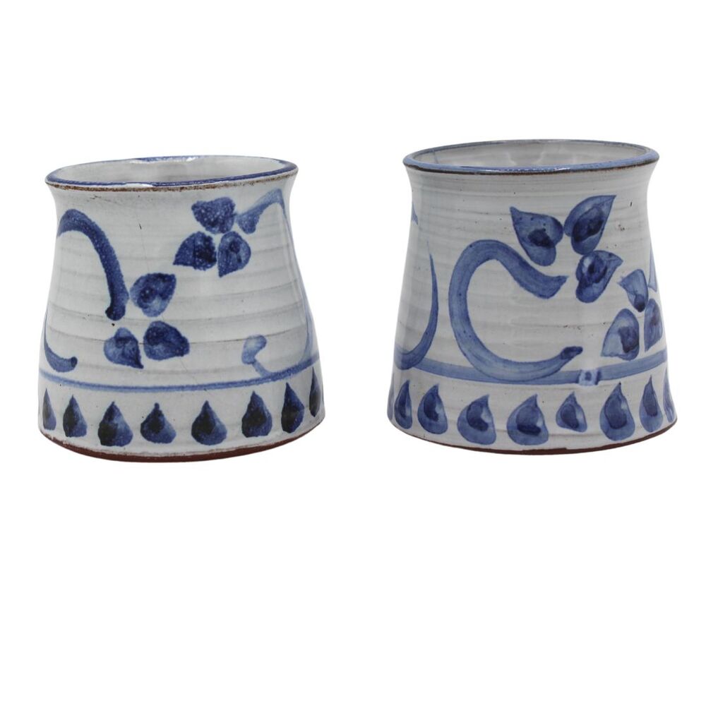 Vintage Ceramic Stoneware Studio Art Hand Painted Blue Floral Espresso Mugs - Picture 3 of 7